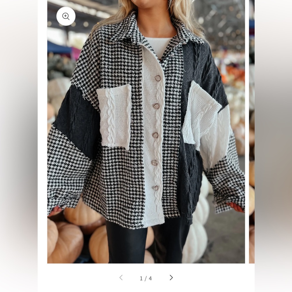 POL Black and White Patchwork Knit Button-Down Shirt Jacket